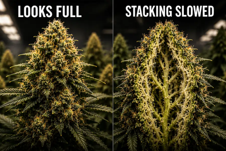 cannabis-bud-stacking-slowed-airflow Split cannabis bud comparison showing dense healthy flower versus stalled internal bud development caused by poor airflow and reduced transpiration