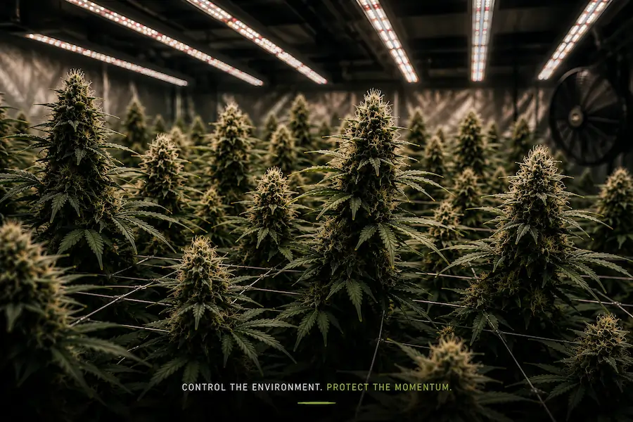 Indoor cannabis flowering canopy under LED lights showing controlled environmental steering and even stretch development during late flower