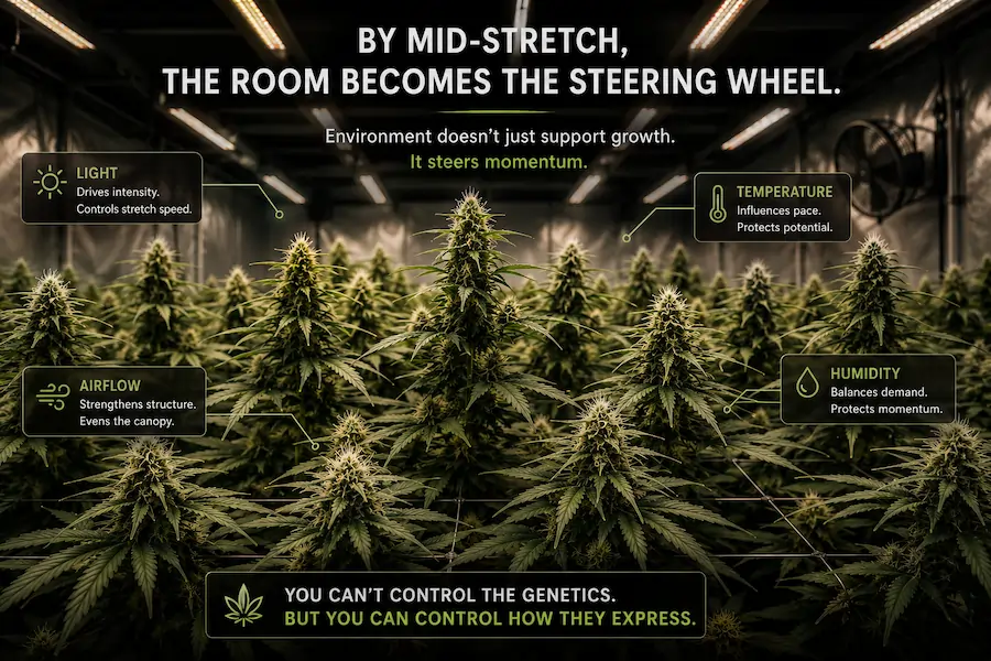 Indoor cannabis flowering canopy showing environmental stretch control with airflow, light intensity, humidity, and temperature steering during flower stretch